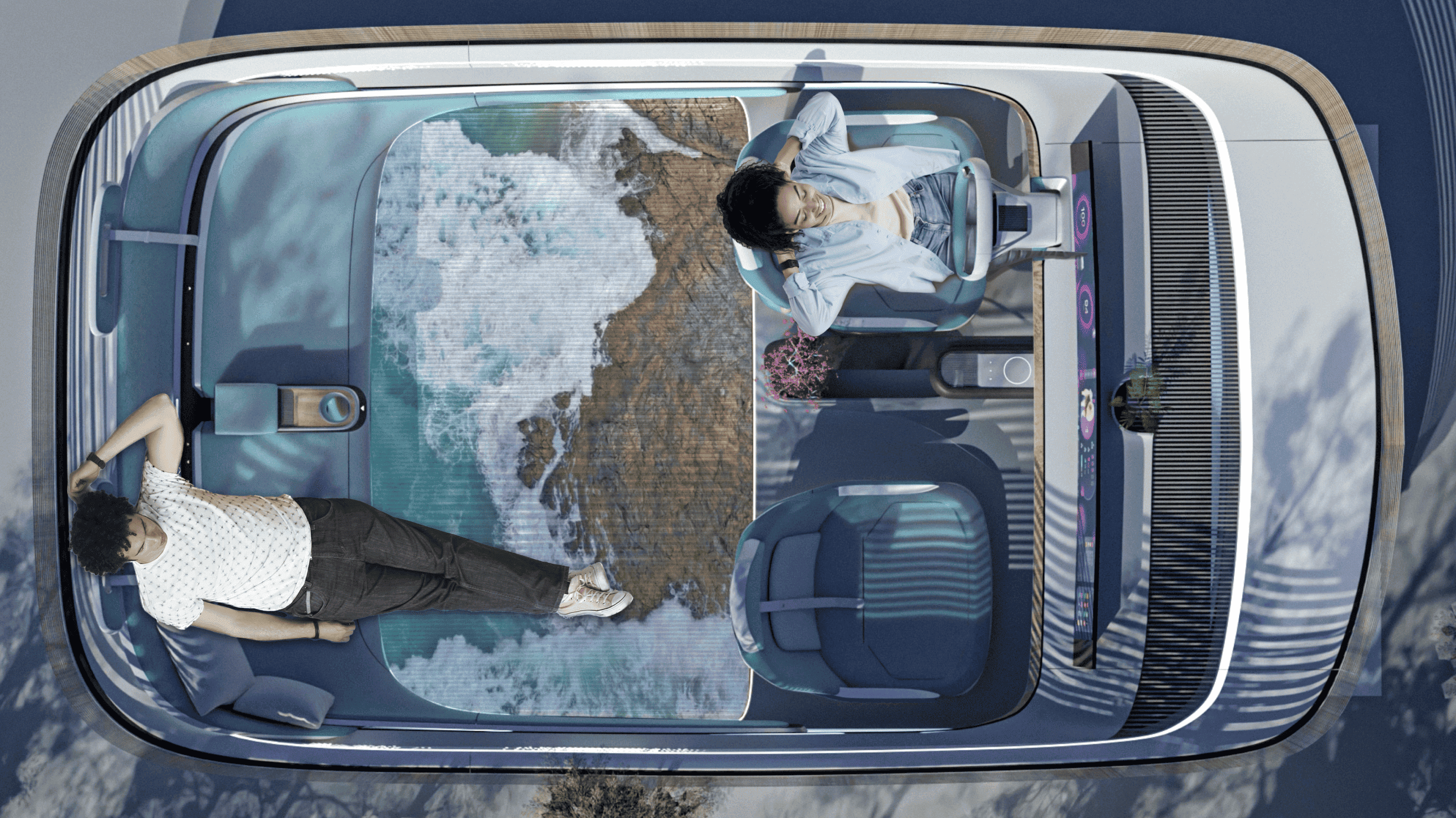Projection carpet scene with resting passenger