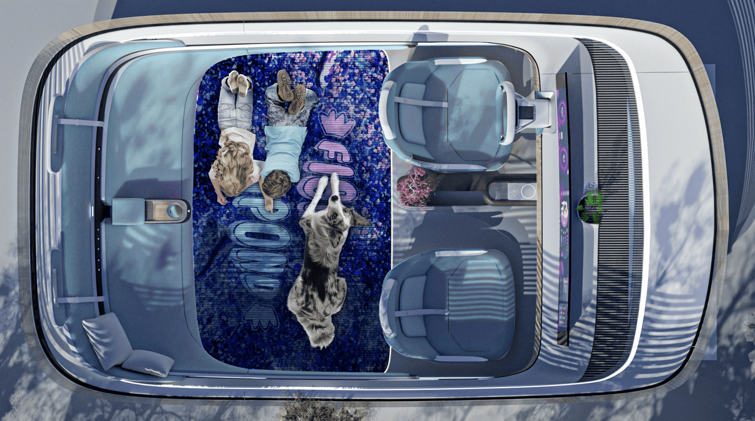 Projection carpet scene with child and dog interaction